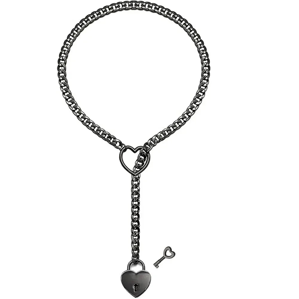 Adjustable Heart O-Ring Punk Rock Cuban Chain Necklace – Lariat Y-Style Necklace with Key & Heart Lock Pendant Black