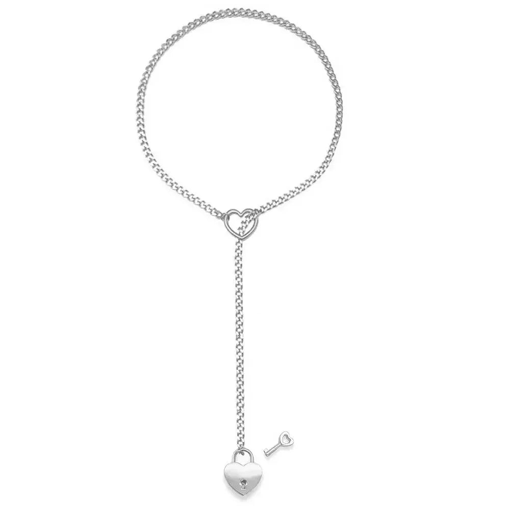 Adjustable Heart O-Ring Punk Rock Cuban Chain Necklace – Lariat Y-Style Necklace with Key & Heart Lock Pendant Silver