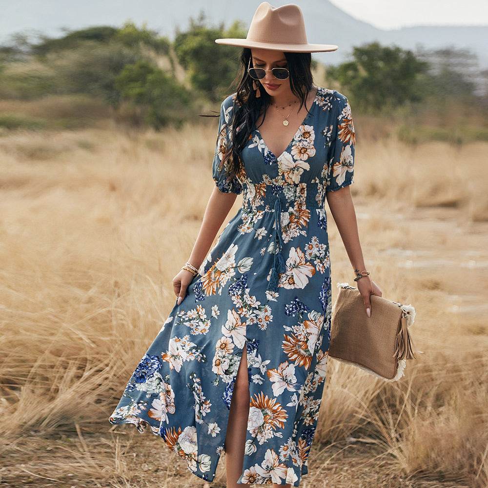 Floral Summer Beach Dress With V Neck Elastic Waist Dresses For Women Blue