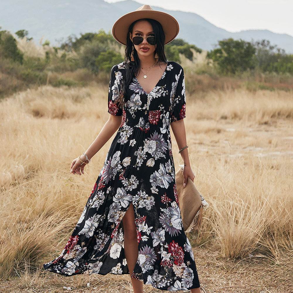 Floral Summer Beach Dress With V Neck Elastic Waist Dresses For Women Black