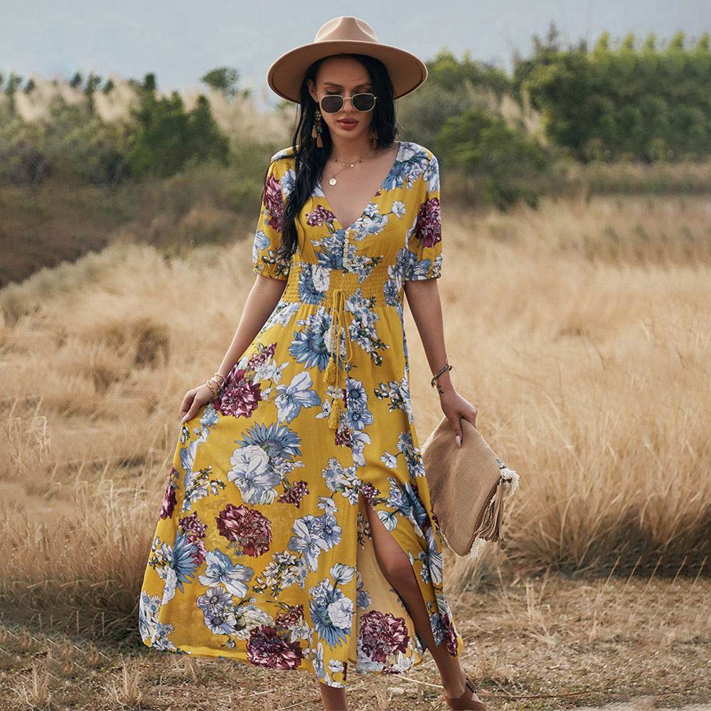 Floral Summer Beach Dress With V Neck Elastic Waist Dresses For Women - Dash Racegear Store