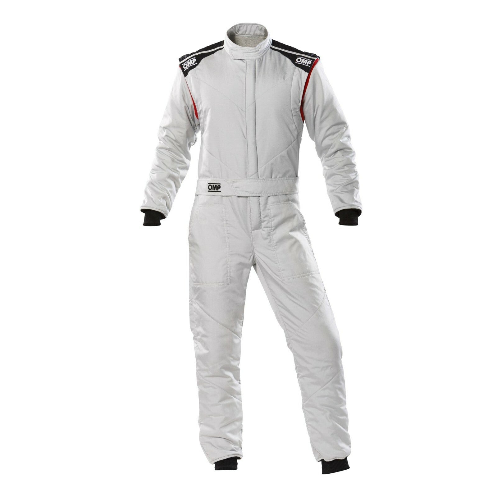OMP First S FIA silver racing suit front view fire resistant
