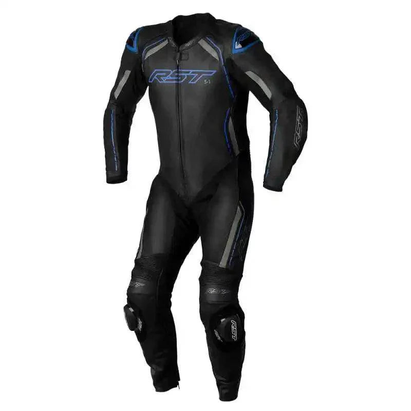 S-1 CE MENS LEATHER SUIT BLACK GREY NEONBLUE