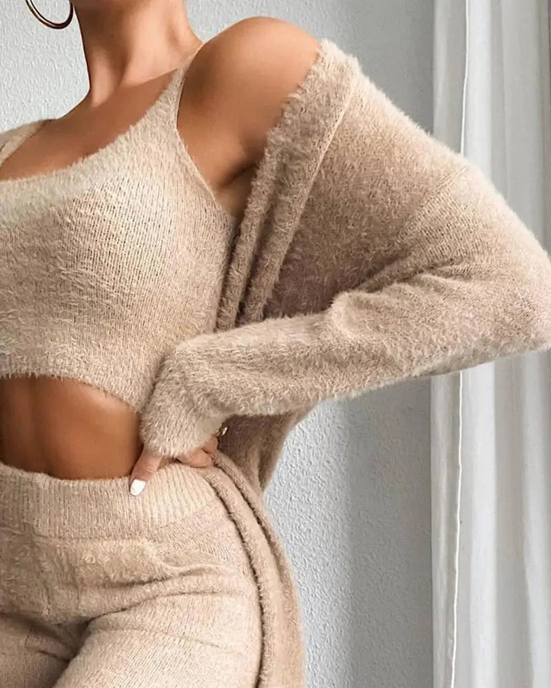 3-Piece Fuzzy Fleece Loungewear Set Beige