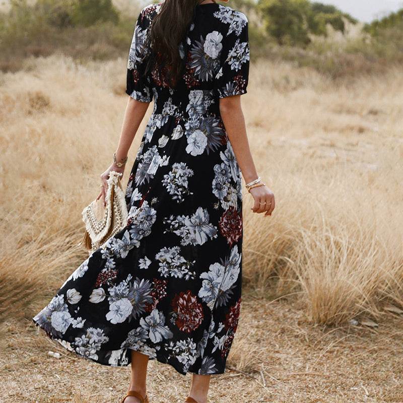 Floral Summer Beach Dress With V Neck Elastic Waist Dresses For Women - Dash Racegear Store